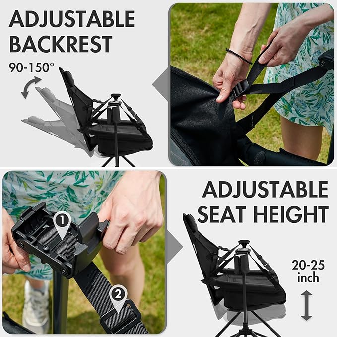 Portal Hammock Camping Chair, Portable Outdoor Swinging Chairs with Adjustable Back and Height for Lawn, Backyard, Patio, Supports 400 lbs, Breathable Mesh High Back, Black
