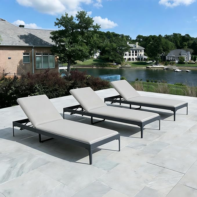 PURPLE LEAF Outdoor Chaise Lounge Set of 3 Aluminum Adjustable Patio Lounger Chairs with Cushions Reclining Beach Daybed for Poolside Balcony Deck Backyard, Dark Grey