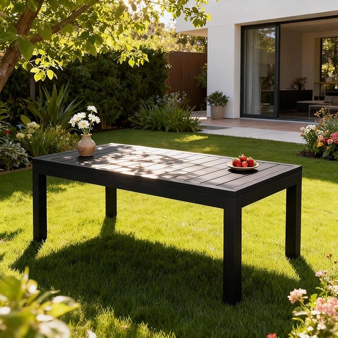 Wisteria Lane Aluminum Outdoor Coffee Table, Water-Resistant Metal Patio Side Table with Slatted Top, Modern Rectangular Outdoor Coffee Tables for Deck Porch Garden Poolside, Black