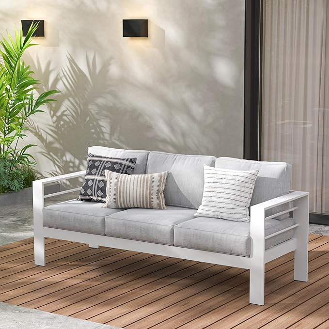 Wisteria Lane Patio Furniture Aluminum Sofa, All-Weather Outdoor 3 Seats Couch, White Metal Chair with Light Grey Cushions