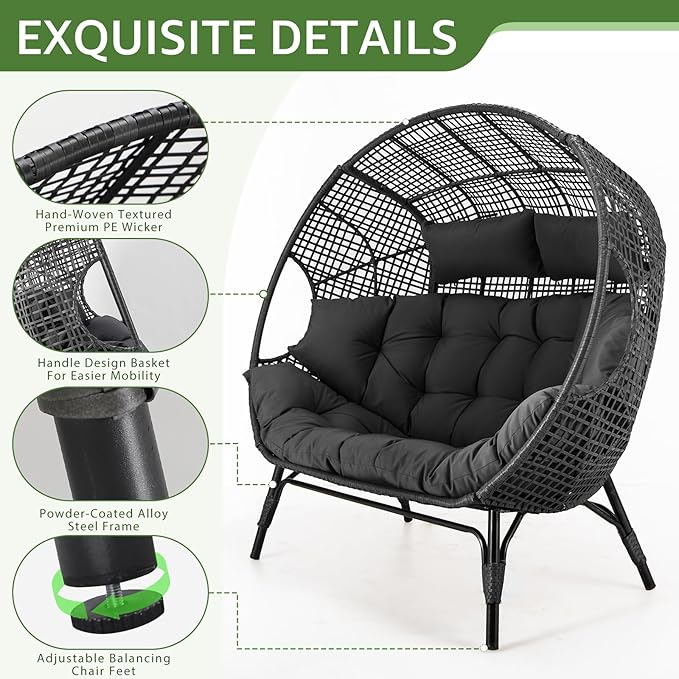 NICESOUL Luxury Double Egg Chair with Footrest & Cushions, Two Person Wicker Eggshell Chair Large with Ottoman, 2 Person Loveseat Comfort Deep Seating for Interiors Exteriors Balcony Dark Gray
