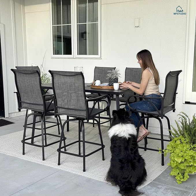 MFSTUDIO Outdoor Bar Stools Set of 4, Swivel Bar Height Patio Chairs Outdoor Barstools High Top Patio Swivel Bar Chairs with Armrest, Breathable Textilene, Grey