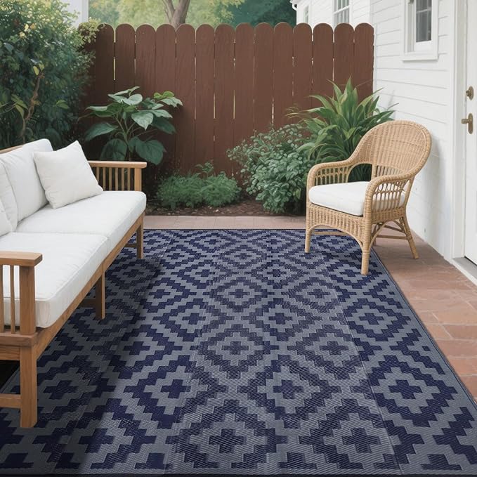 SAND MINE Reversible Mats, Plastic Straw Rug, Modern Area Rug, Large Floor Mat and Rug for Outdoors, RV, Patio, Backyard, Deck, Picnic, Beach, Trailer, Camping (6' x 9', Blue Grey Lattice)