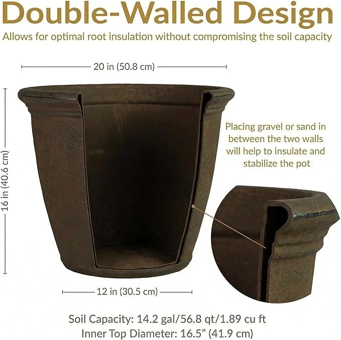 Sunnydaze 20-Inch Anjelica Large Plastic Pot for Plants - Outdoor Double-Walled Large Plastic Planter with Drillable Drainage Holes - Rust - 2pk
