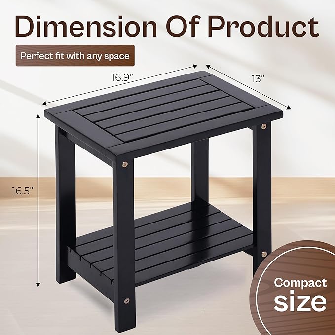 2-Tier Adirondack Side Table – Weather Resistant Wooden End Table, Rectangular Rustic Outdoor & Indoor Small Table for Patio, Garden, Lawn, Porch or Living Room (Black)