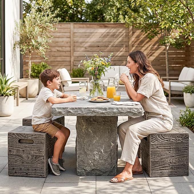 COSIEST Wooden Outdoor Side Table, Square MgO Concrete End Patio Side Table, Lightweight Cylinder Top Plant Stand with Square Base for Garden and Deck