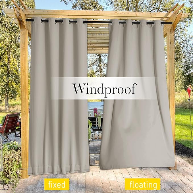 NICETOWN 2 Panels Outdoor Curtains for Patio Extra Wide 84", Waterproof & Windproof Grommet & Back Tab Fixed Top and Bottom Sun Blocking Privacy Drapes with Rope for Gazebo, Natural, W84 x L84
