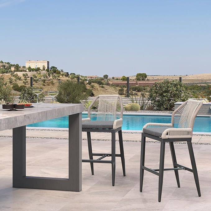 PURPLE LEAF Patio Bar Stool Bar Height Set of 2 Outdoor Rattan Chairs with Back Modern Aluminum Woven Barstools for Garden Indoor Kitchen Gray