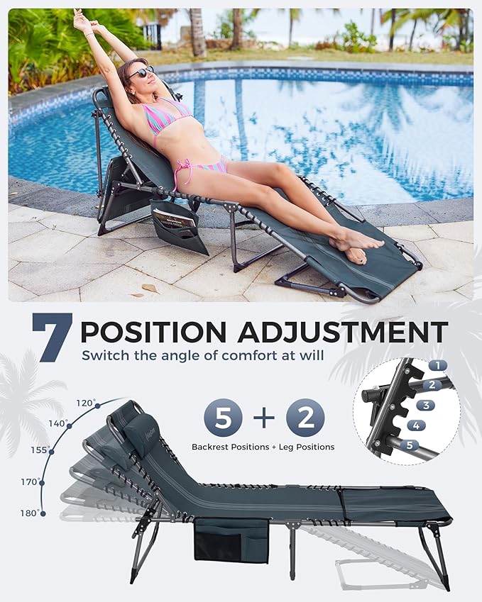 KingCamp 2 Pack Tanning Chair with Face Hole, Lounge Chairs Outdoor Folding Comfy Adjustable 5-Position Chaise Chaser with Canopy Shade for Outside Beach Patio, Blue/Grey