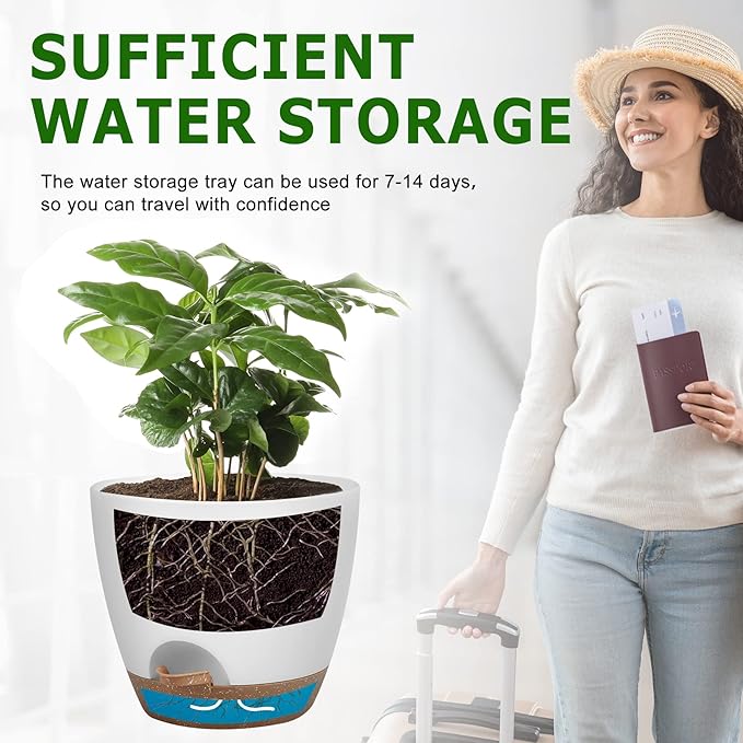 Plant Pots 12/10/9 Inch Self Watering Pots, Set of 3 Plastic Planters with Drainage Holes and Saucers,Plastic Flower Pots,Nursery Planting Pot for Indoor Out Door Plants(White)