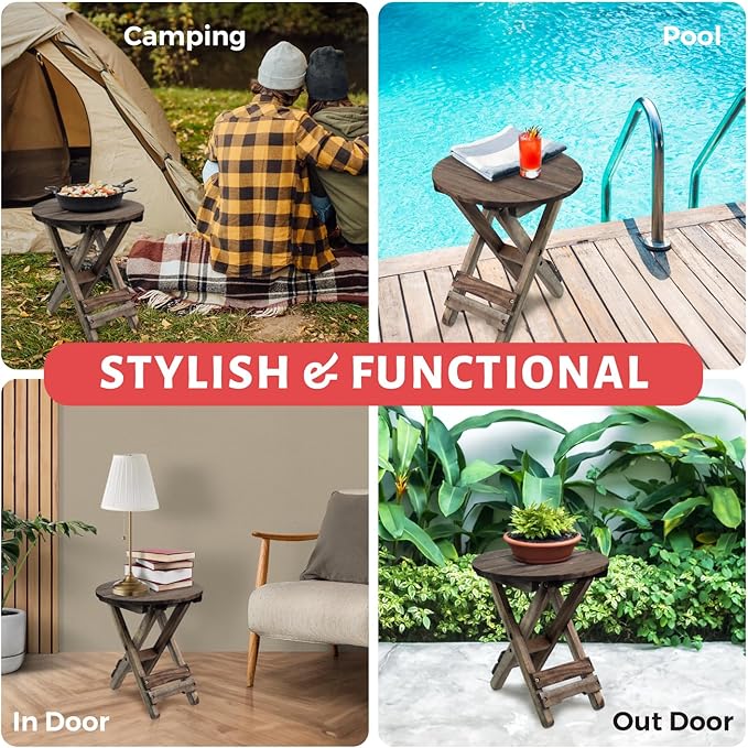 Small Patio Table, Outdoor Folding Side Table, Portable Accent Coffee End Table, Wood Top for Living Room, Bedroom (Round - Walnut-Set of 2)