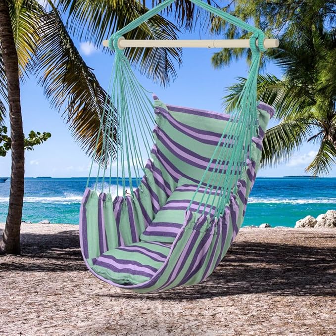 ONCLOUD Hammock Chair Hanging Rope Swing, Load Capacity 550 LBS Macrame Hammock Swing Seat with Two Cushions, Hammock Seat with Portable Steel Spreader Bar for Indoor/Outdoor, Purple Green Stripe