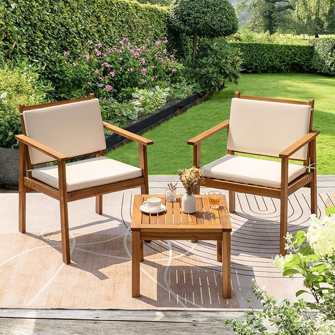 Greesum Outdoor Patio Furniture, 3 Piece Bistro Sofa Set with 1 Coffee Table and 2 Chairs, Acacia Wood Conversation Sets with Cushions, for Garden, Backyard, Poolside, White