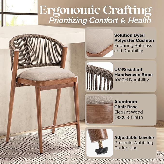 IDZO 400lbs Capacity Counter Stools Set of 2, 24 Inches Counter Height Bar Stools with Cushions, Durable Rope Design, Ergonomic Backrest for Indoor and Outdoor Comfort, Easy Assembly for Any Space
