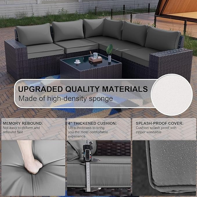 Kullavik 6PCS Outdoor Patio Furniture Set PE Wicker Rattan Sectional Sofa Patio Conversation Sets,Grey
