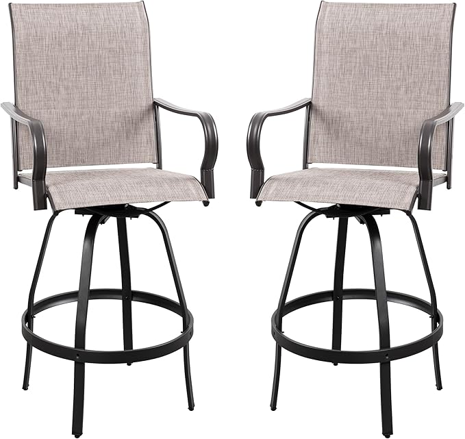 Vongrasig 2 Piece Patio Swivel Bar Chairs, All Weather Metal Textile High Swivel Bar Stools Chairs, Outdoor High Top Bistro Set for Backyard, Lawn Garden, Balcony, Taupe