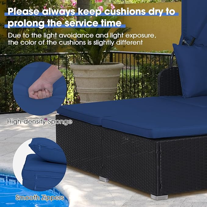 RELAX4LIFE Patio Outdoor Daybed with Canopy, Wicker Sunbed w/Cushions, 4 Pillows & 2 Retractable Side Trays, 2-Person Lounge Bed Conversation for Poolside Porch Garden, Rattan Outdoor Bed (Navy)