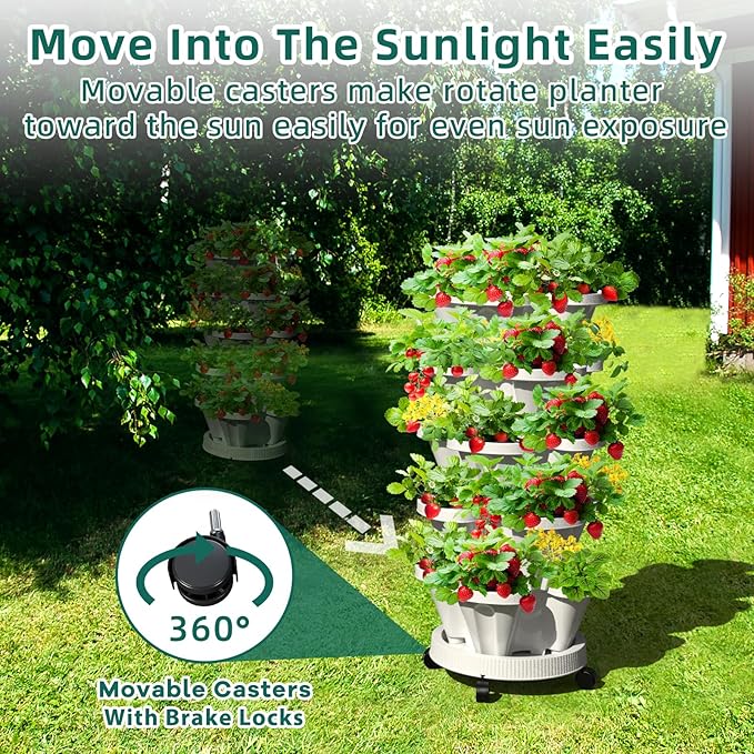 7 Tiered Strawberry Vertical Planters, 2 Pack Stacking Tower Garden with Support Pole, Stackable Herb Vegetable Planters Indoor Outdoor White