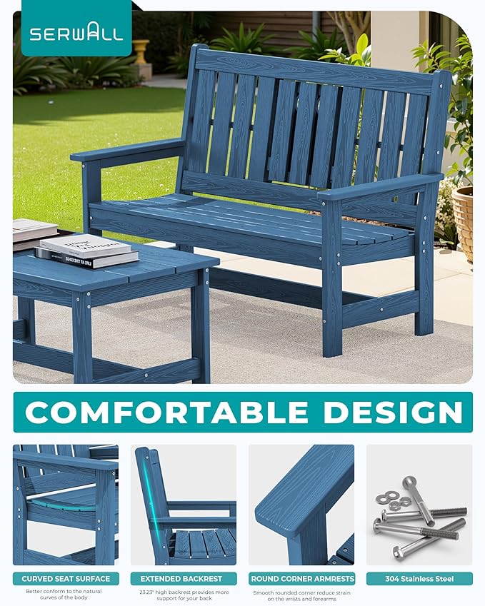 SERWALL Outdoor Bench with Cup Holder, 58" HDPE Garden Park Bench Suitable for 3 Person, All Weather Patio Benches with High Backrest and Wide Armrests for Garden, Park, Yard, Front Porch, Navy