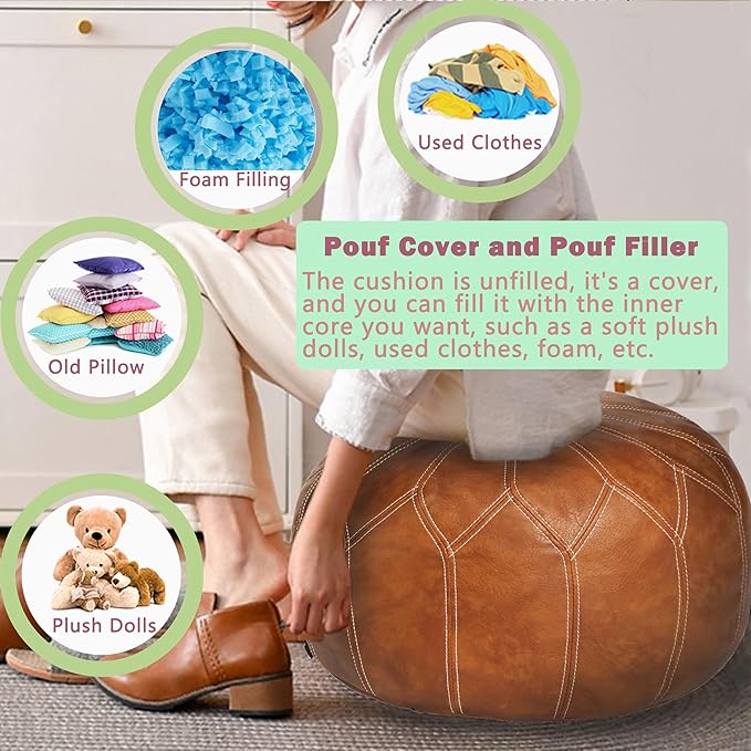Thgonwid Unstuffed Moroccan Faux Leather Pouf Ottoman with Storage - Handmade Boho Chic Multi-Use Footrest for Living Room, Bedroom, Patio - Round Ethnic Floor Cushion & Decorative Accent, Brown