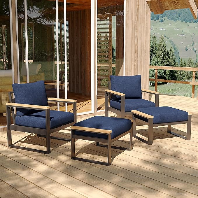 Sundale Outdoor 2 Pieces Aluminum Patio Ottoman, Outdoor Footstool with Sandwich Foam Cushions, Olefin Fabric, Small Metal Outdoor Chairs for Deck, Backyard, Porch (Blue)