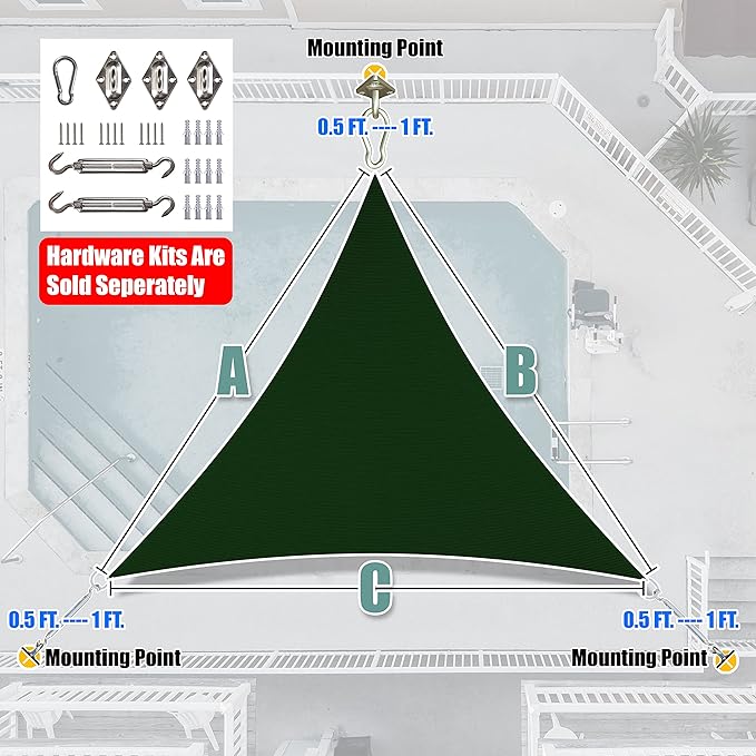 Amgo Custom Size 4' x 4' x 4' Green Triangle Sun Shade Sail Order to Make Canopy Awning UPF50+ AGSLT, 95% UV Blockage, Water & Air Permeable, 200GSM Commercial Standard (We Customize)