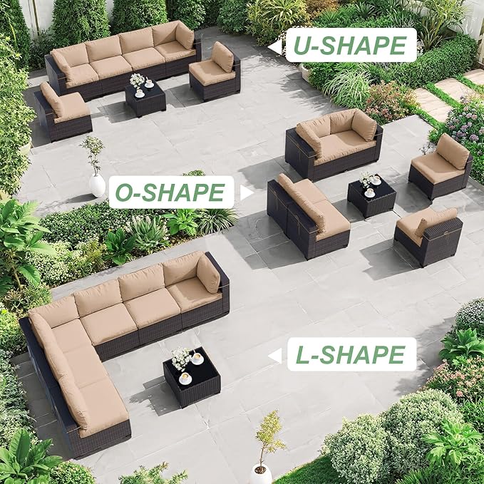ALAULM Patio Furniture Set with Coffee Table, 7 Pieces Outdoor Sectional with Wide Seat and Thick Cushion, All Weather Wicker Rattan Conversation Set for Backyard, Garden, Deck, Sand