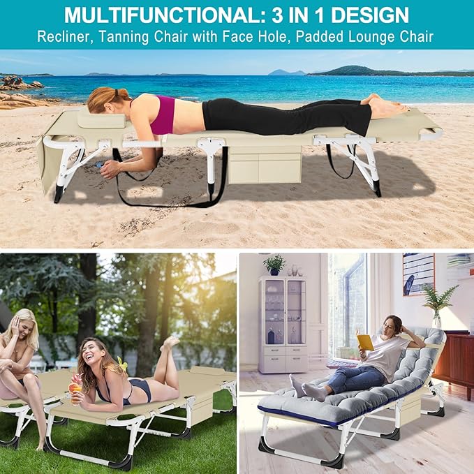 ABORON 3 in 1 Sun Tanning Chair Oversized with Mat&Face Arm Hole, Heavy Duty Folding Chaise Lounge Chairs, 5-Position Outdoor Lounge Chair/Pillow, for Beach, Pool, Lawn, Yard, Patio