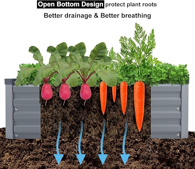 2 Pack 4x2x1FT Galvanized Raised Garden Bed Kit, Outdoor Metal Planter Box for Vegetables, Bottomless Rectangular Gardening Bed with Support Rods, Tool-Free Assembly, Gray