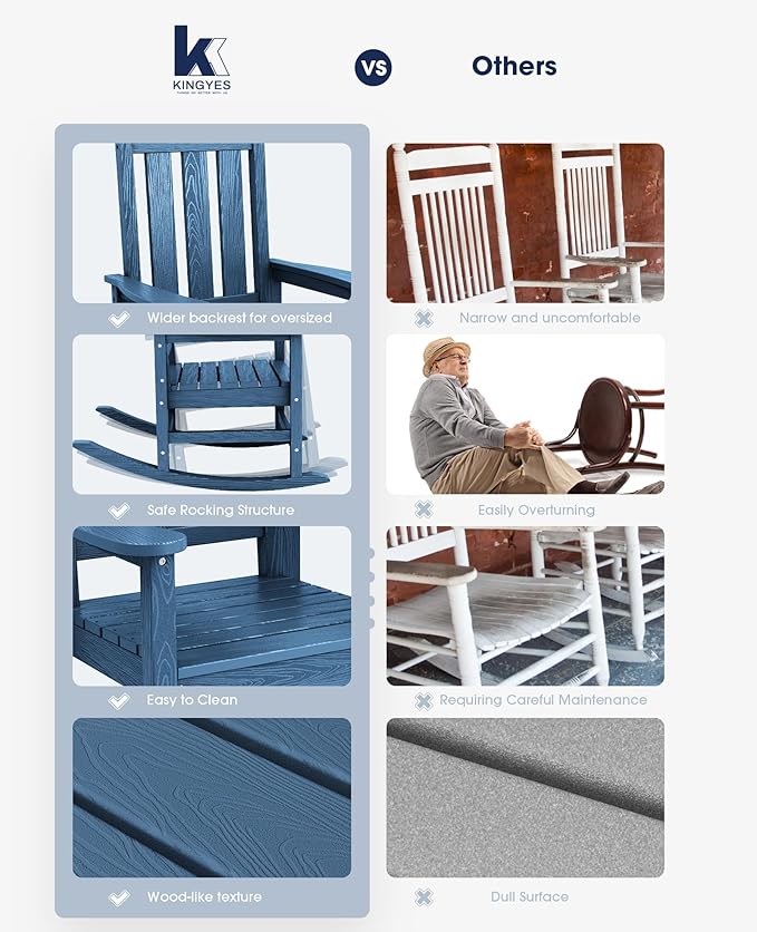 KINGYES Oversized Outdoor Rocking Chair Set of 8, All-Weather Patio Rocking Chairs for Porch, HDPE Outdoor Patio Rockers with High Back & Wide Seat for Garden, Lawn, Blue