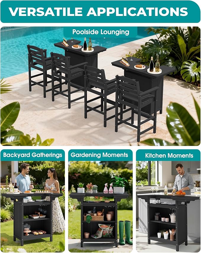 SERWALL Outdoor Bar Table Set (1 Table with 2 Chairs) – HDPE Black Patio Bar Cabinet with 4-Tier Storage & Spacious Tabletop, Perfect for Outdoor, Poolside, Backyard
