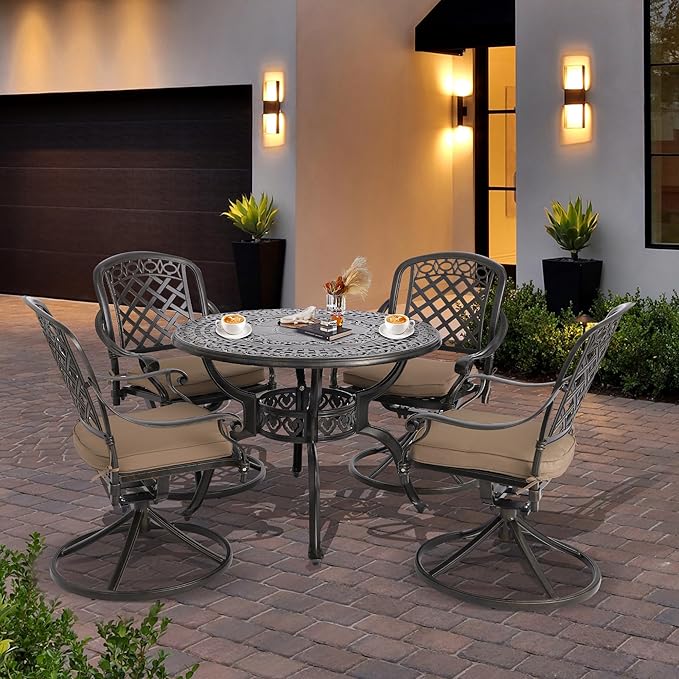 5-Piece Cast Aluminum Outdoor Patio Dining Set, All Weather Cast Aluminum Outdoor Furniture Dining Set for Patio, Balcony, Garden, Backyard w/4 Swivel Chairs & Cushions, 2.0" Umbrella Hole