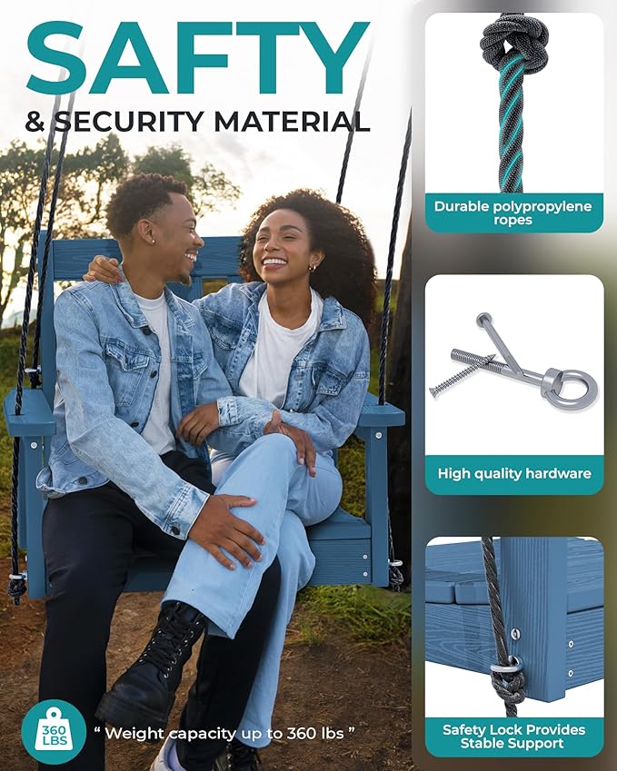 SERWALL HDPE Single Porch Swing, Heavy Duty Single Person Swing Chair with 2 Polypropylene Hanging Ropes, Adirondack Hanging Chair for Outdoor Front Porch Patio Garden Yard, Blue