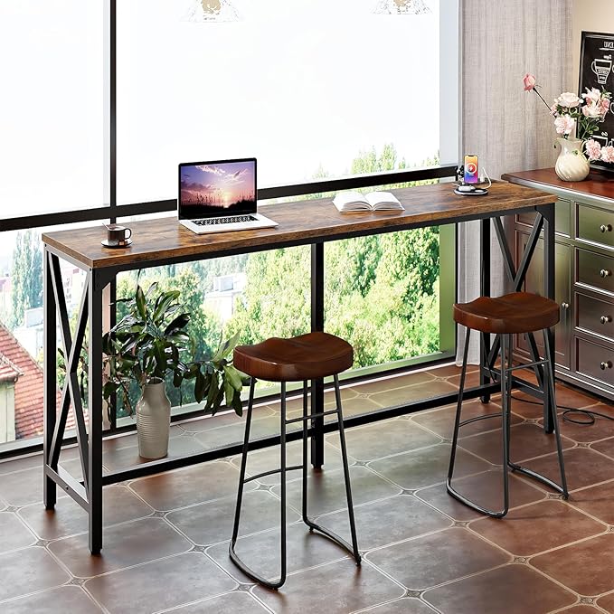 63'' Bar Table, Kitchen Dining Table with Power Outlet and Footrest, Industrial Style, for Pub, Living Room, Rustic Brown and Black TBT07UBF