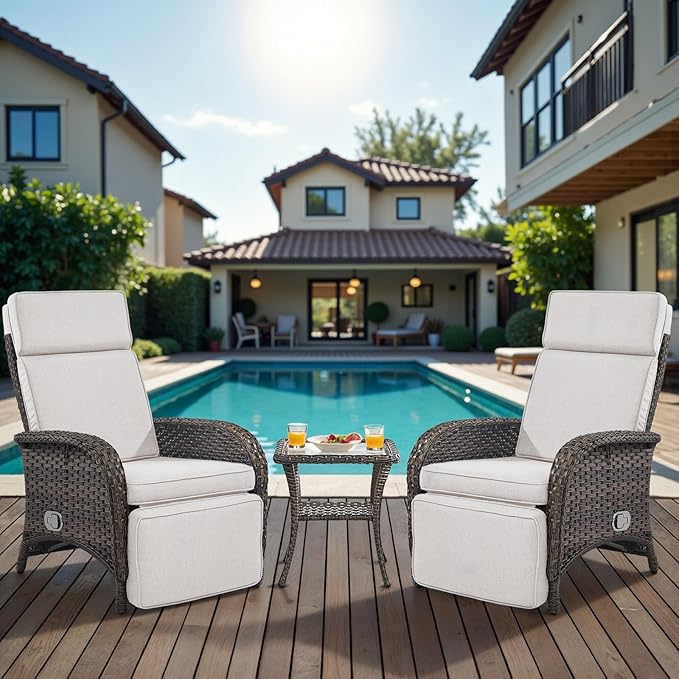 Belord Versatile Outdoor Recliner Chair Set of 3 - Reclining Patio Chair with Adjustable Backrest and Footrest, All-Weather Wicker Chaise Lounge Chair Outdoor with Side Table for Pool Deck Brown