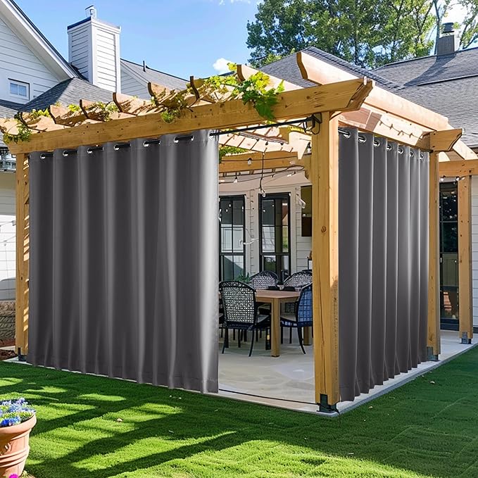 NICETOWN 2 Panels Outdoor Curtains for Patio Waterproof, W100 x L95 Windproof Extra Wide Grommet & Back Tab on Top & Bottom Thermal Insulated Sun Blocking Drapes with Rope for Gazebo, Grey