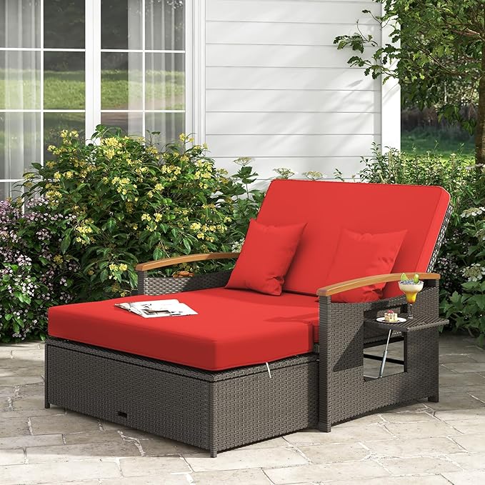 LDAILY Moccha Outdoor Wicker Daybed, Patio Rattan Loveseat Sofa w/ 4-Level Adjustable Backrest, Folding Panels, Storage Ottoman & Cushions, Lounge Furniture Set for Poolside Backyard Porch (Red)