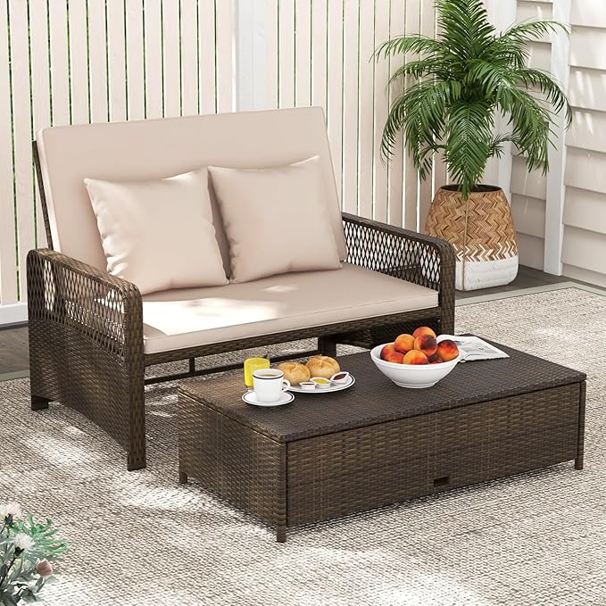 RELAX4LIFE Wicker Patio Outdoor Daybed - Rattan Sunbed Loveseat Sofa Set w/4-Level Adjustable Back, Cushions & Pillows, Storage Ottoman, 2-Person Bed Lounger for Backyard Porch, Patio Daybed (Beige)