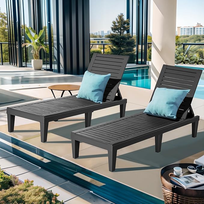 ROJIK Outdoor Chaise Lounge Chair Set of 2,with 5-Position Adjustable Backrest,Waterproof & Lightweight | Durable Indoor/Outdoor Patio Lounger Chair for Garden Pool Beach,Black