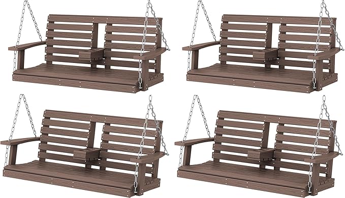 KINGYES Outdoor Hanging Porch Swing Set of 2, Waterproof Swing with Cup Holders for Courtyard & Garden, 660LBS Weight Capacity, White