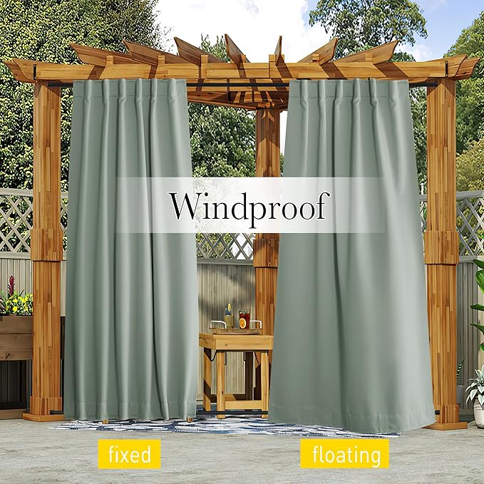 NICETOWN 2 Panels Weighted Outdoor Curtains for Patio Waterproof Pocket & Back Tab Top & Bottom, Windproof Privacy Thermal Curtains Light/Cold Block for Pergola with Rope, W52 x L84, Sage Green