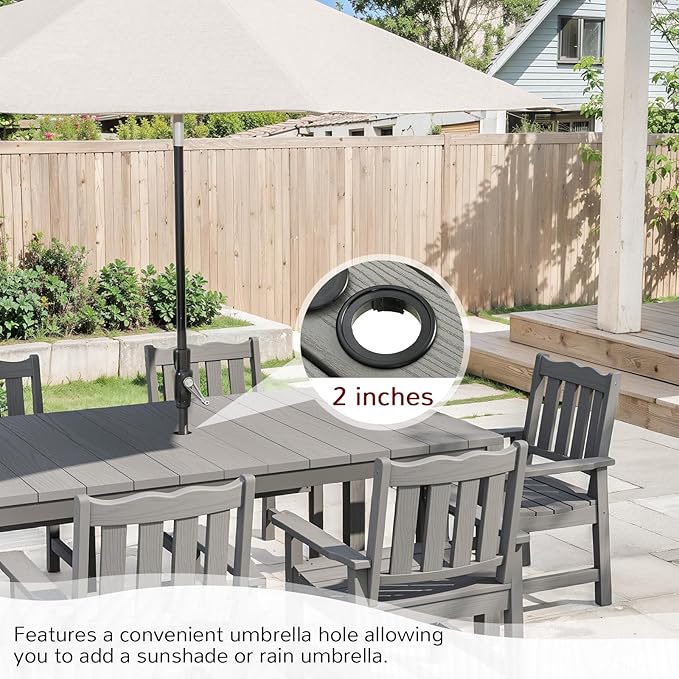 Stoog All-Weather Patio Dining Table for 6, Outdoor HIPS & Aluminum Frame Dining Table with 350 lbs Weight Capacity, Umbrella Hole, Grey