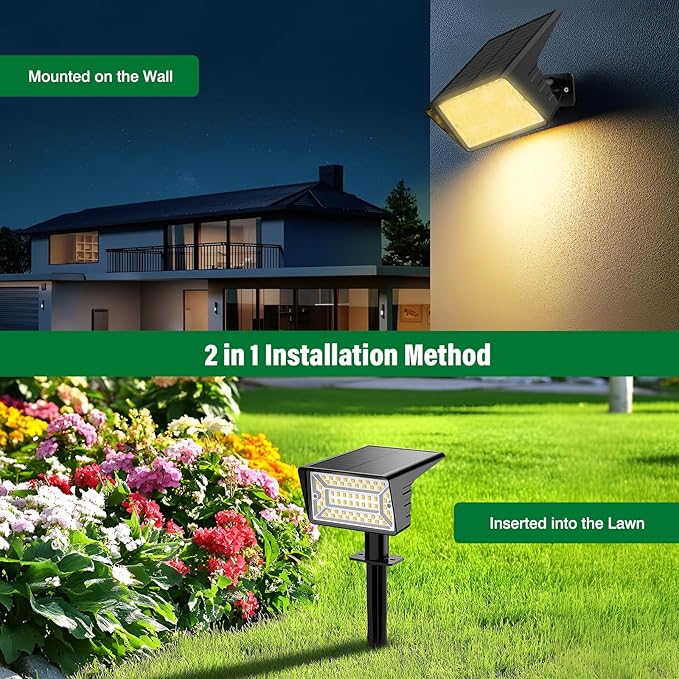 Solar Spot Lights Outdoor with 60 LED & Auto On/Off, 4 Pack Solar Lights Outdoor Waterproof IP68 with 3 Lighting Modes, 2-in-1 Solars Landscape Light for Outside, Garden, Yard(Warm White)