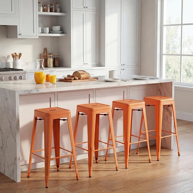 Shahoo 30 Inches Metal Bar Stools Counter Height Stackable Backless Stools, Industrial Patio Stools Indoor Outdoor Metal Kitchen Stools Set of 4 (Orange, 30'')