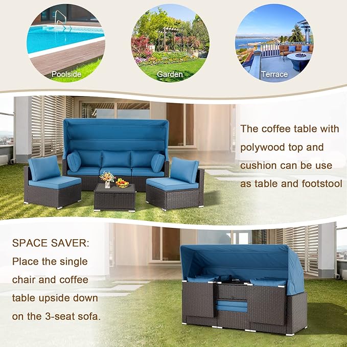 Vicluke 6 Pieces Patio Furniture Sets Outdoor Sectional Sofa Set Rattan Daybed with Retractable Canopy, Adjustable Backrest, Storable Tea Table Rectangle Sunbed for Backyard Garden Poolside(Blue)