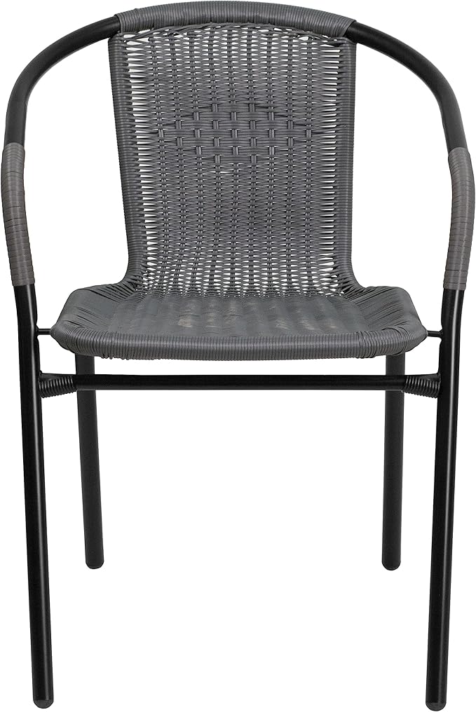 EMMA + OLIVER Set of 2 Modern Rattan Indoor/Outdoor Stack Chairs, Stacking Rattan Patio Chairs with Curved Back and Cross Bracing, Gray