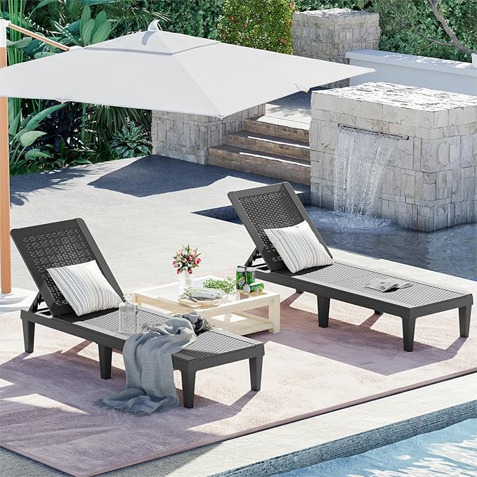 Greesum Outdoor Patio Chaise Chair with 5-Position (Set of 2) Adjustable Backrest, Waterproof Sun Lounger, Easy to Assemble, for Pool, Garden, Deep Black