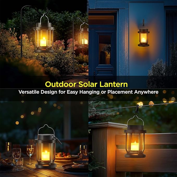 Solar Lantern Outdoor & Indoor Use – Hanging Solar Lights with Realistic Flickering Flameless Candle, Weatherproof for Gardens, Patios, Trees, and Lawns (Black, 8 Pack)