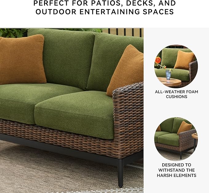 Signature Design by Ashley Horizon Hall Vintage Outdoor Nuvella Weather Resistant Fabric, Resin Wicker Loveseat with Cushion and 2 Accent Pillows, Green & Dark Brown