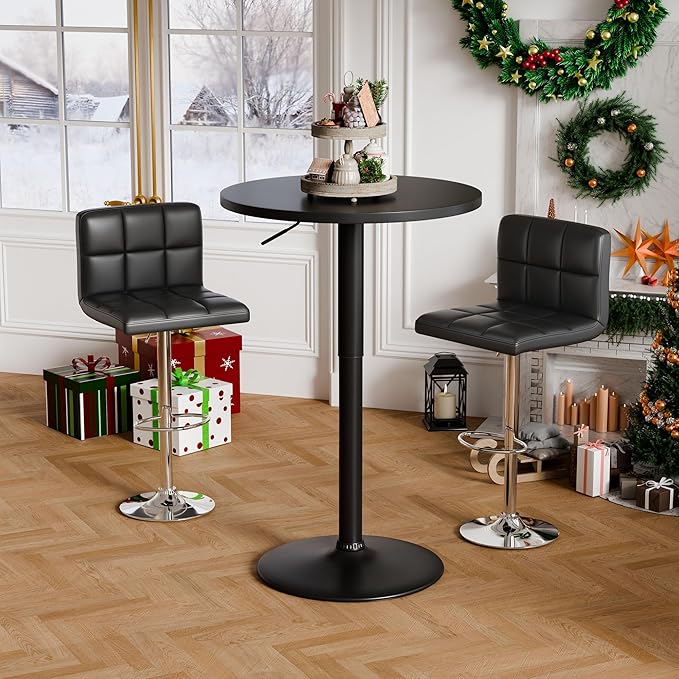 Flamaker Round Bistro Pub Table 23.6 Inch Height Adjustable 360° Swivel Bar Table Metal Base for Pub, Dining Room, Party (1, Full Black)